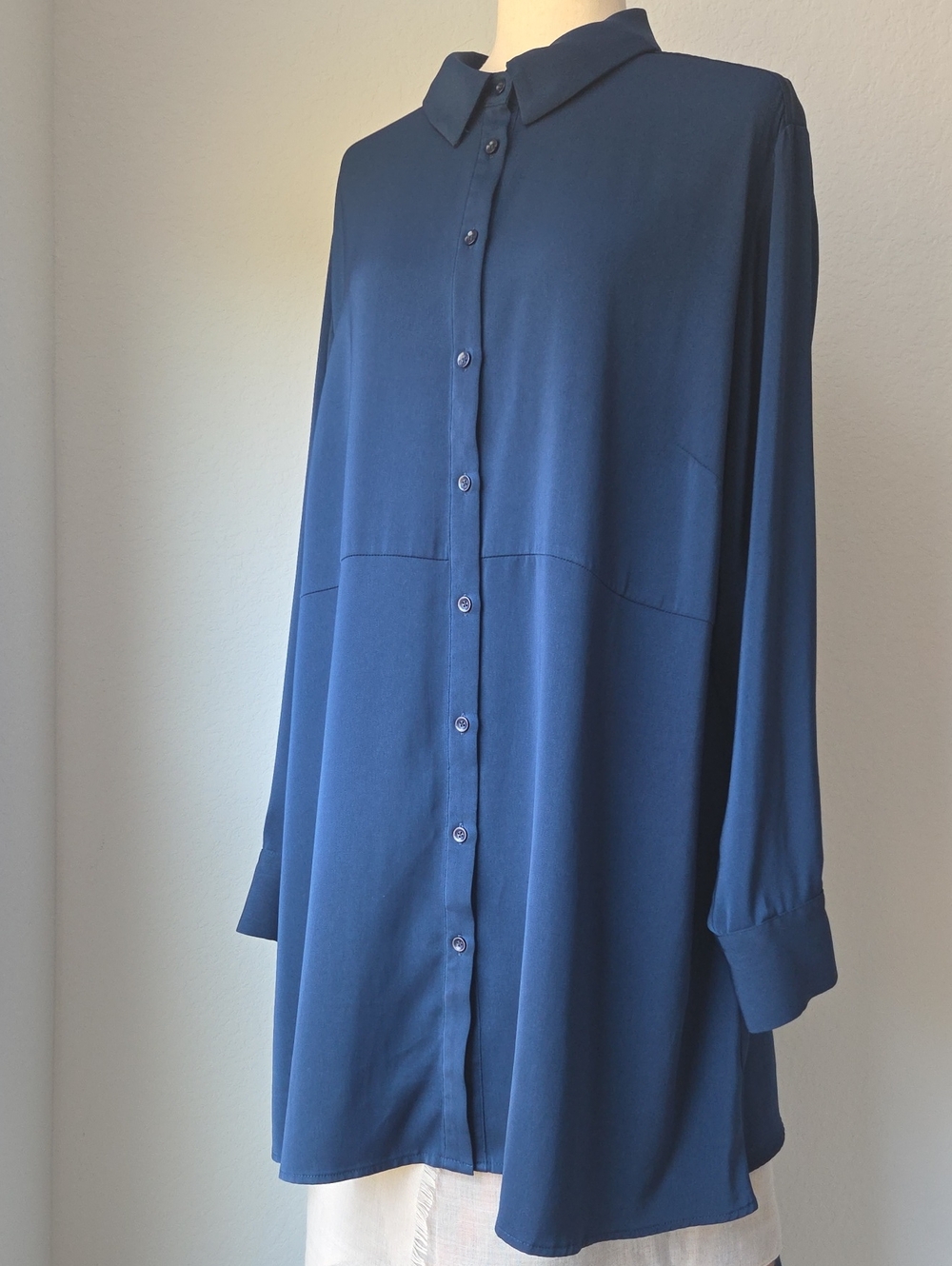 Susan Graver Navy Blue Classic Long-Sleeve Button-Down Shirt Top Tunic XL Comfy